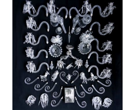 A LARGE GROUP OF GLASS CHANDELIER ELEMENTSIncluding drops, arms, columns and other items