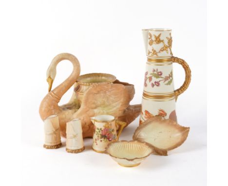 A GROUP OF ROYAL WORCESTER BLUSH IVORY PORCELAIN ( 7)Comprising; a shape 532 swan vase, circa 1899, 19cm high; a 1047 shaped 
