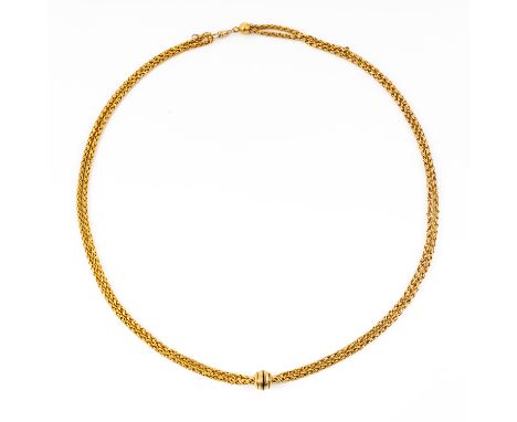 A EUROPEAN GOLD LONG GUARD CHAIN, FITTED WITH A SWIVELIn a multiple link design, having a partly textured finish, fitted with