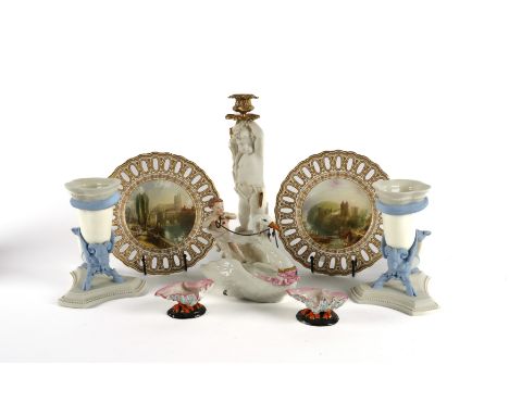 A GROUP OF ENGLISH CERAMICS (8)Second half 19th century Comprising a pair of Royal Worcester white and blue cornucopiae, impr