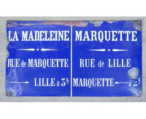 A FRENCH BLUE ENAMEL STREET SIGN FOR LA MADELEINE / MARQUETTEEarly 20th Century
70.5 x 40cm