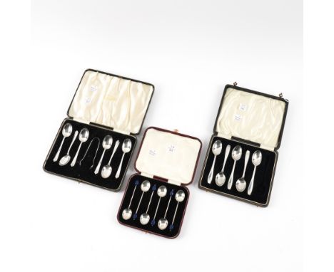 THREE CASES OF SILVER FLATWARE (3)Comprising; a set of six coffee spoons, with a pair of sugar tongs, Birmingham 1933, a set 