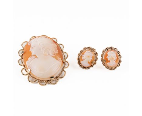 A 9CT GOLD MOUNTED OVAL SHELL CAMEO BROOCH AND A PAIR OF GILT METAL MOUNTED SHELL CAMEO EARSTUDS (3)Each designed as the port