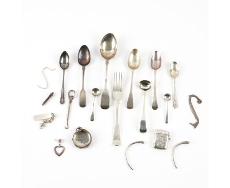 A GROUP OF SILVER (19)Comprising; a vesta case, a button hook, a mustard ladle, eight various spoons, a dessert fork, a watch