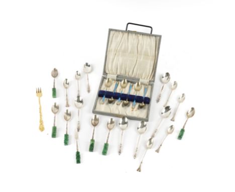 A GROUP OF SILVER, FOREIGN AND PLATED FLATWARE (26)Comprising: a set of six silver gilt, pale blue and white enamelled coffee