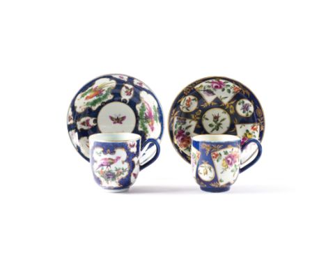 TWO WORCESTER BLUE-GROUND COFFEE CUPS AND SAUCERS (4)Circa 1770 One painted with panels of exotic birds and insects, the othe