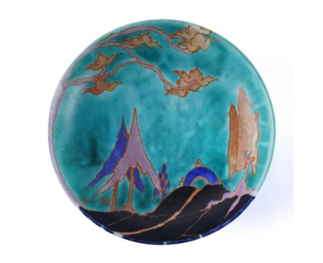 A CLARICE CLIFF `INSPIRATION' FOOTED BOWLCirca 1930 The interior painted with the `Caprice' pattern, orange painted `Inspirat