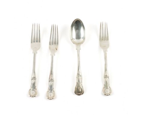 FOUR ITEMS OF SILVER KINGS PATTERN TABLE FLATWARE (4)Comprising; three dessert forks and one dessert spoon, each crest engrav
