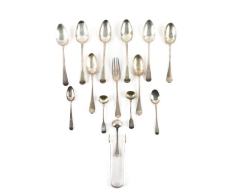 A GROUP OF SILVER TABLE FLATWARE (15)Comprising; a pair of sugar tongs, with bright cut engraved decoration, probably London 