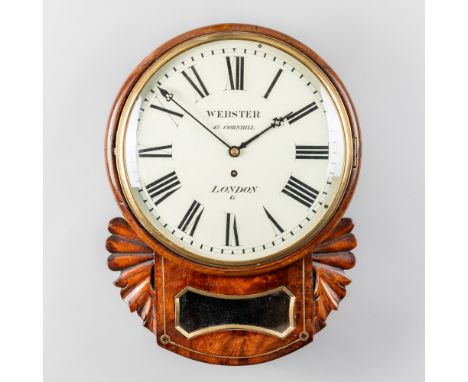 A VICTORIAN MAHOGANY BRASS-MOUNTED DROP DIAL WALL CLOCKDetailed Webster, 43 Cornhill, London 6
Cast brass bezel and convex gl