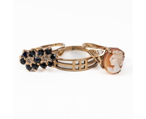 THREE 9CT GOLD RINGS (3)Comprising; a 9ct gold, sapphire and diamond ring, in a twin cluster design, ring size K½, a 9ct gold