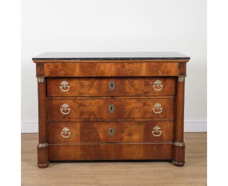 A 19TH CENTURY FRENCH MARBLE TOPPED GILT METAL MOUNTED FOUR DRAWER COMMODE130cm wide; 65cm deep; 95cm highMultiple small chip
