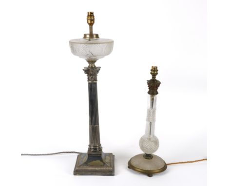 TWO CUT-GLASS MOUNTED CORINTHIAN COLUMN TABLE LAMPS (2)20th Century 
The first silver-plated, stamped, 66cm high overall; the