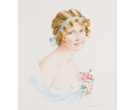 FRANCOIS MARTIN-KAVEL (FRENCH, 1861-1931) (2)Portrait of a lady with a blue hairband holding a pink rose; Portrait of a lady 