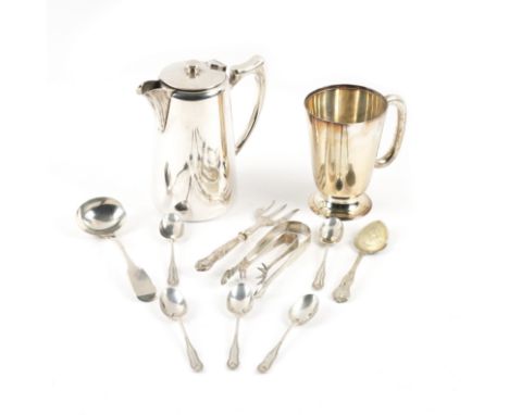A GROUP OF SILVER, FOREIGN AND PLATED WARES (12)Comprising; five teaspoons, London 1897, a fiddle pattern sauce ladle, the ha