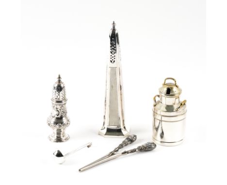 A SILVER PEPPER CASTER AND THREE FURTHER ITEMS (4)The pepper caster by Samuel Wood, London 1753, with later embossed decorati