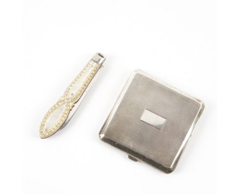 A SILVER BLADED MOTHER OF PEARL FOLDING FRUIT KNIFE AND A SILVER POWDER COMPACT (2)The folding fruit knife Sheffield 1898, th