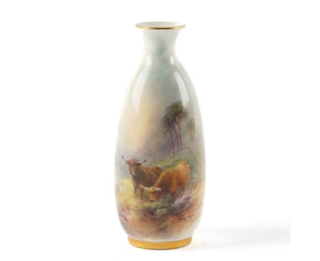 A ROYAL WORCESTER VASECirca 1932 Of slender ovoid form, painted by H.Stinton, signed, with two Highland cattle in a landscape