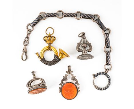 EUROPEAN ITEMS; THREE FOB SEALS, A NIELLO DRESS ALBERT CHAIN AND A GILT METAL BUGLE PENDANT (5)Comprising; a cornelian twin s