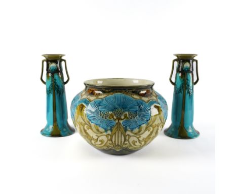 A MINTON SECESSIONIST JARDINIERE (3)Early 20th century Designed by John Wadsworth, printed and painted with blue carnations, 