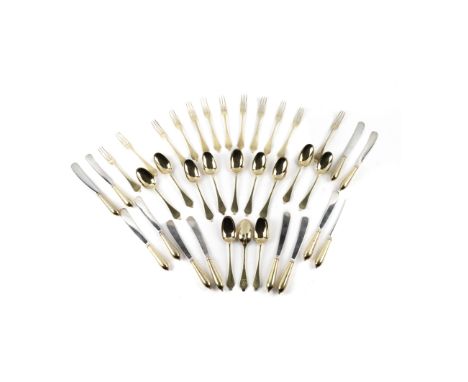 AN EARLY 18TH CENTURY SILVER GILT DESSERT SERVICE OF TABLE FLATWARE (36)Comprising; twelve Britannia Standard spoons, with ra