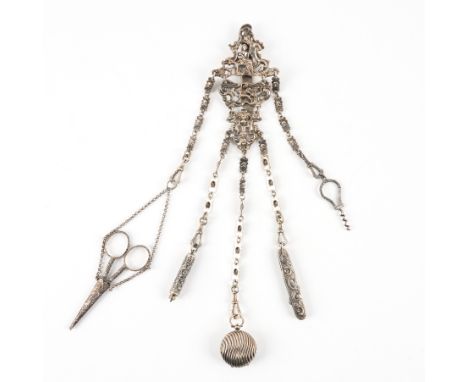 A VICTORIAN SILVER CHATELAINEHaving five attachments, comprising; a sovereign case, Birmingham 1891, a folding cork screw, Bi