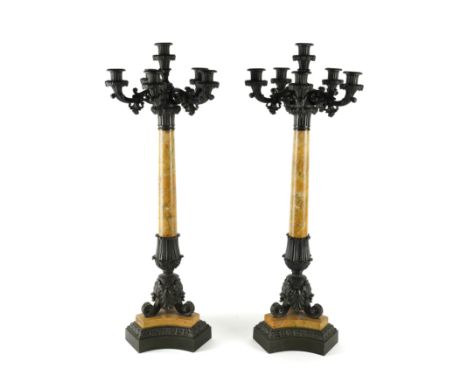 A PAIR OF FRENCH LOUIS-PHILIPPE BRONZE AND SIENA MARBLE SIX LIGHT CANDELABRA (2)Each with scroll acanthus wrapped arms about 