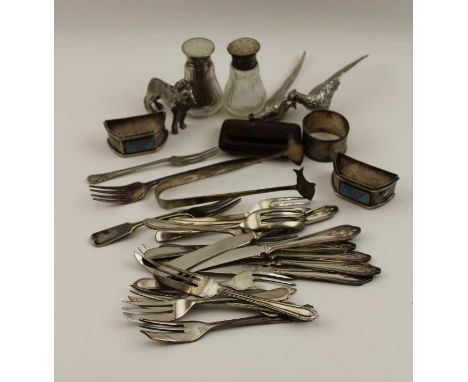 A pair of silver mounted condiments, two plated Masonic napkin rings, a pair of silver plated pheasants, rosewood snuff box, 