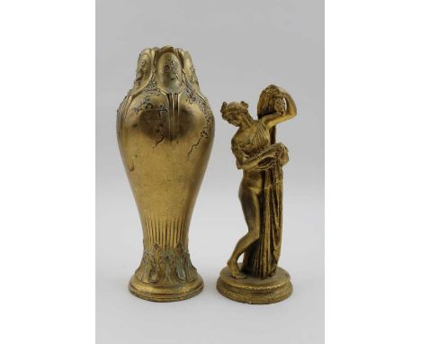 A gilt metal cast Classical figure, draped semi-nude, on base 14cm high, together with a gilt metal vase (missing base) 17cm 