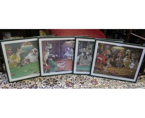 Four framed coloured prints of dogs playing pool by Arthur Sarnoff