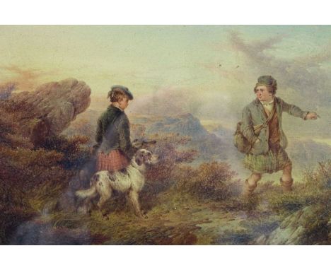 P.Jones&nbsp; - 19th century British School, "Hunting in the Highlands" depicts two kilted gentlemen with dogs, in a misty mo