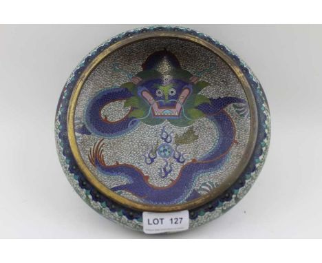 A Chinese cloisonné bowl, with blue enamel dragon decoration, chasing&nbsp;The Pearl of Wisdom, 20cm in diameter