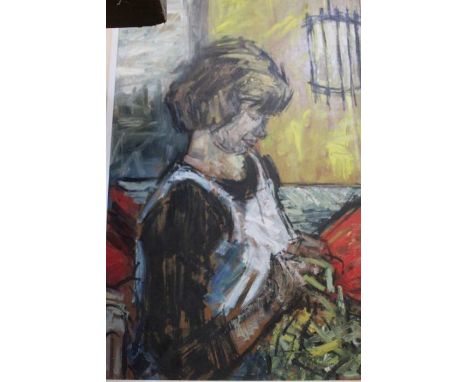 British School, portrait of a woman knitting, oil on board, 66cm x 41cm, framed / condition of painting is good, no obvious d