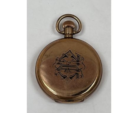A plated keyless hunting cased watch, the enamel dial with Roman numerals. Swiss movement. Movement not running.