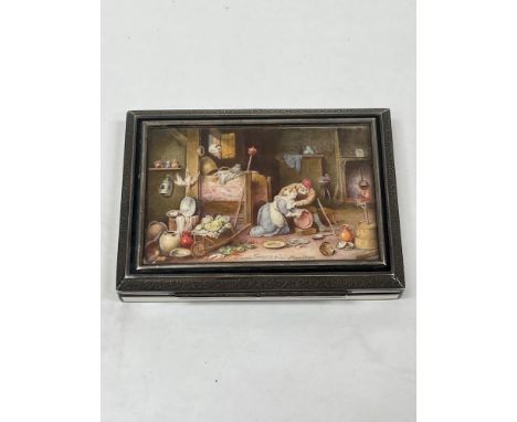 A French silver engine turned and enamel box, the lid painted with a cottage interior after Teniers, the interior gilded. Mar
