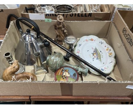 A box of sundries to include a Georgian paktong candlestick, Chinese bronze vase, French faience plate, walking cane etc.