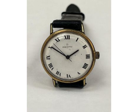 A Zenith gentleman's wristwatch, plated case, the enamel dial with Roman numerals. 33mm diam over crown. Movement runs.
