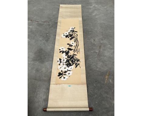 A Chinese scroll picture of flowers. 83" x 18".