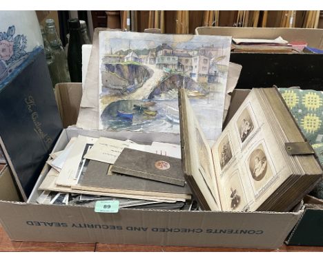 A collection of old photographs to include a Victorian album; together with two watercolour drawings and a hunting print.