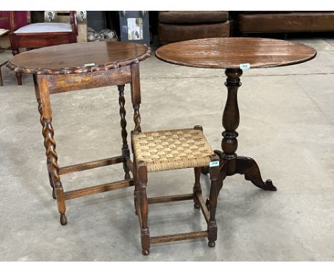 An oak snap-top tripod table; an oak spiral turned table and a rush seated stool (3).