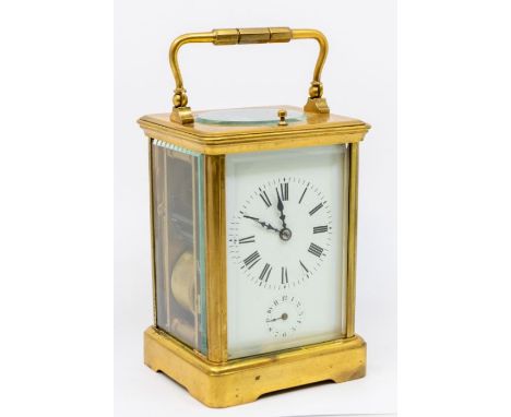 A French Grand sonnerie carriage clock with carrying case and with repeat and alarm. Two-train movement chiming on gongs, ser