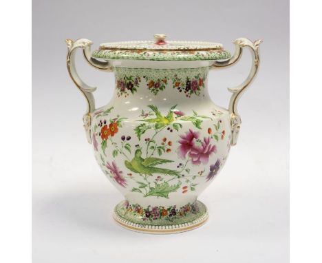 An early 19th Century English porcelain possibly Spode two handled campana shaped large jar and cover, decorated with birds a