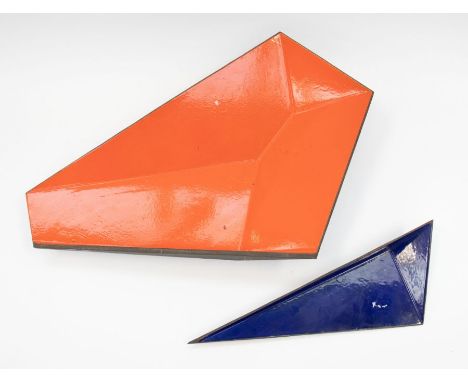Tom Dixon - a large enamel vessel, orange, approx 60.5cm x 40cm; and another, small, blue, 44cm x 15cm (2)
