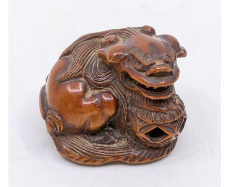 A Japanese carved hardwood netsuke, 19th/20th Century, as a Shishi crouched and snarling, it's chin resting upon a pierced ba