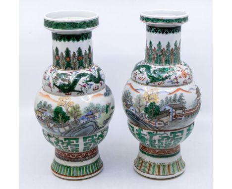 A pair of Chinese famille verte porcelain dragon vases, Kangxi mark but 20th century, six character Kangxi mark in underglaze