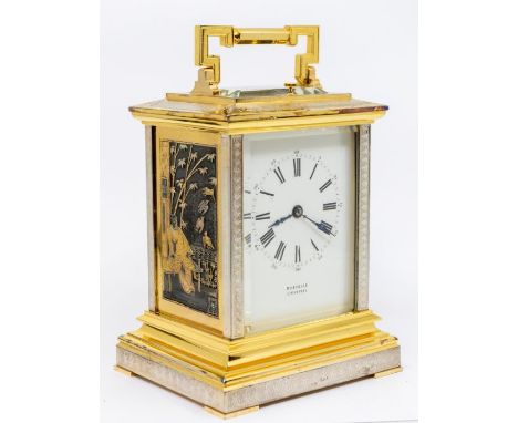 A Brocot Paris carriage clock with repeat, in the Japanese style. Retailed by Russells of Liverpool (the name on the dial). I