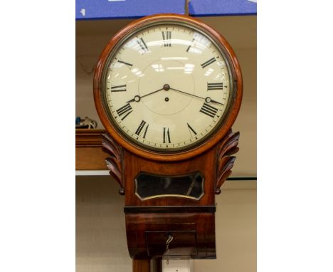 A good Victorian drop dial English fusee dial clock with roll back to wall case. With 12" convex dial and glass cast bezel. 8