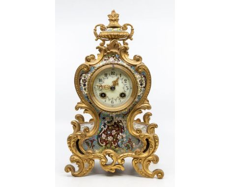 A French cloisonné 8-day mantel clock with two-train spring-driven movement chiming on a gong. 3" porcelain dial decorated wi