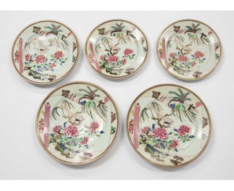 A set of five Chinese Famille Rose shallow dishes, Qianlong, circa 1750, comprising two pairs of graduated plates and a singl