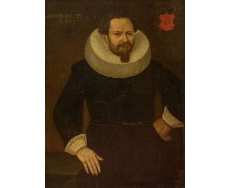 17th century School, portrait of a bearded Dutch merchant, lace ruff collar and cuffs, gentleman, red cartouche to upper righ